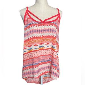 No Boundaries Orange & Punk Tribal Print Tank Top With Braided Straps